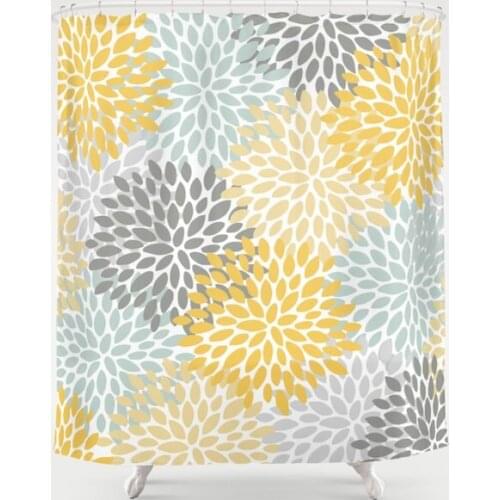Floral Pattern Yellow Pale Aqua Blue and Gray Shower Curtain Waterproof Polyester Fabric 72 x 78 inches Set with Hook