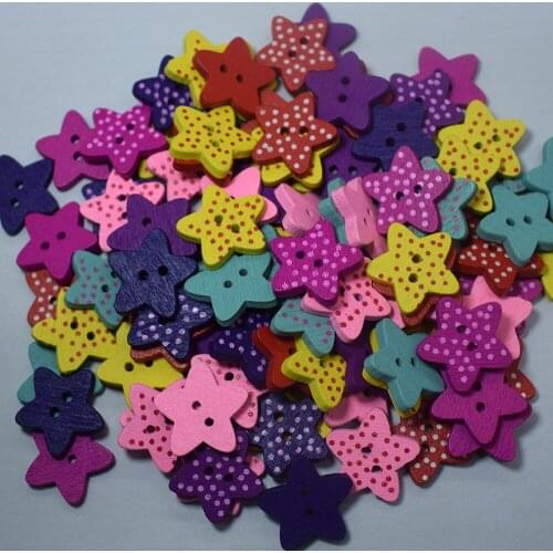 100PCS Randomly Mixed 2 Holes DIY Star Shape Wooden Button Lovely Star Buttons for Cloth Scrapbook Craft Sewing Buttons