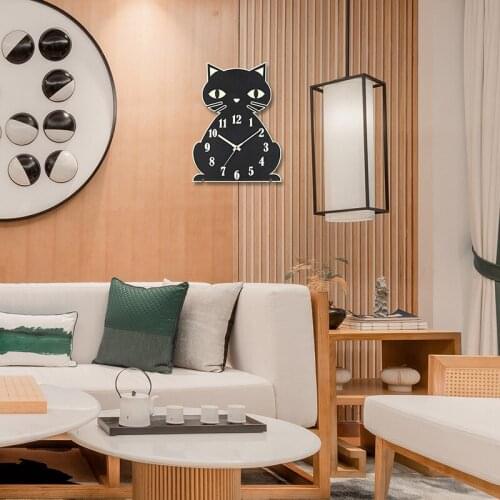 Retro Wooden Wall Night Light Wall Clock Indoor Living Room Clock Luminous Wall Clock with Numerals Hands Glow in Dark Cat Shape
