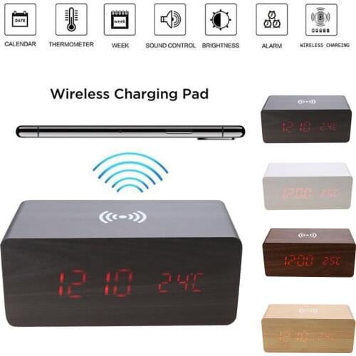 Wooden LED Clock with Wireless Charging Pad Sound Control for iPhone Samsung Night Lights Temperature Table Clocks