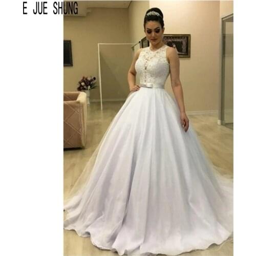 E JUE SHUNG Glamorous Sleeveless Wedding Dresses O Neck Buton Back Puffy Lace Skirt Bridal Gowns Bow Sashes vestido de noiva