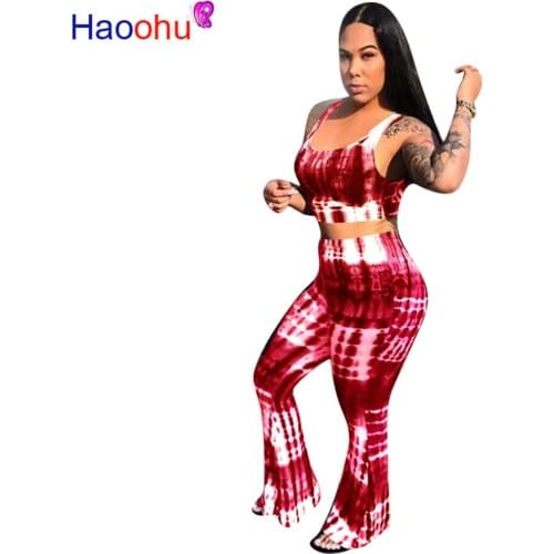 HAOOHU Tie Dye Plus Size Two Piece Set Women Summer Clothes Crop Top and Flare Pant Suit 2 Piece Matching Sets Club Outfits