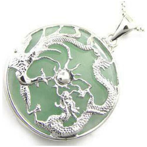 Fine Classic 925 Sterling Silver gold & Jade Circle Dragon Phoenix Pendant + free chain