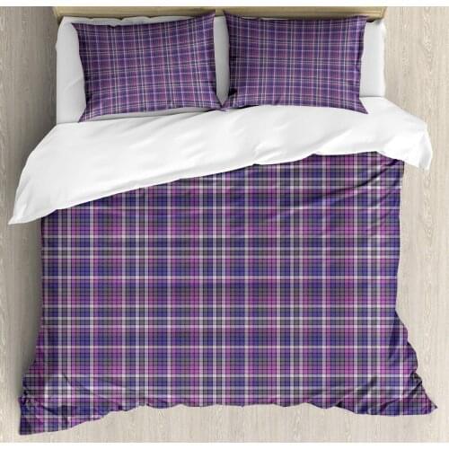 Plaid Duvet Cover Set Illustration of Checkered Inspired Design 3 Piece Bedding Set Violet Blue Pale Fuchsia