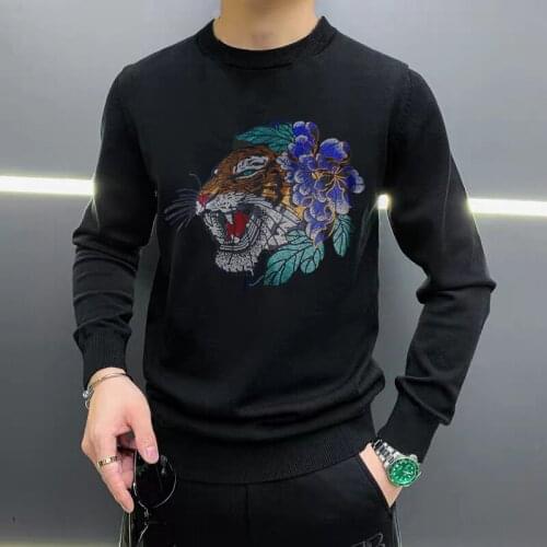 Youth Fashion Tiger Hot Drilling HD Black And White Popular Mens Sweater Sweatshirt Plus Size M-5XL Design Pullover