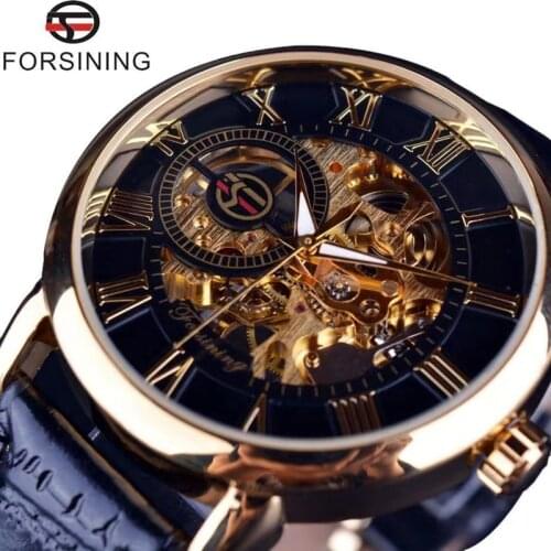 Forsining 3d Logo Design Hollow Engraving Black Gold Case Leather Skeleton Mechanical Watches Men Luxury Brand Heren Horloge
