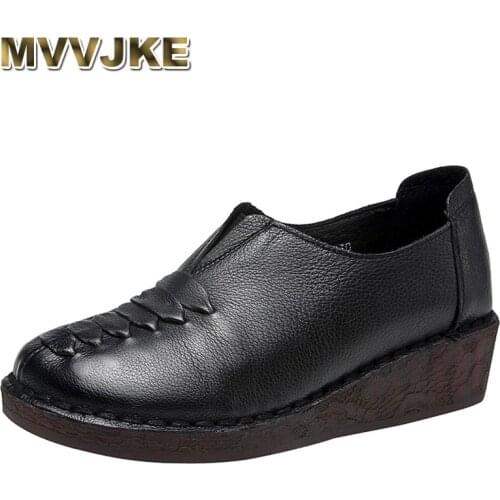 MVVJKE 2020 Spring Ladies Genuine Leather Handmade Shoes Women Retro Flat Shoes Woman Autumn Soft Flat Loafers Zapatos De Mujer