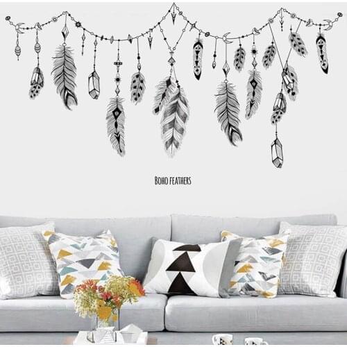 Black Boho Feathers Wall Stickers For Bedroom Living Room Bathroom Bar Kitchen Wall Decor Removable Art Decals Mural Diy NEW