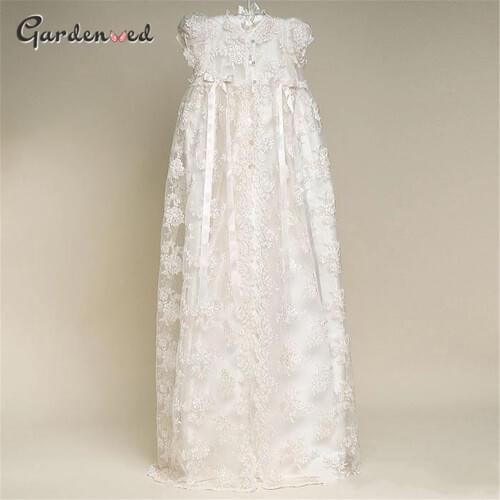 Communion Dress Vintage Short Sleeves Applique Baby Girl Baptism Christening Dresses White Beige Baptism Bow Gown