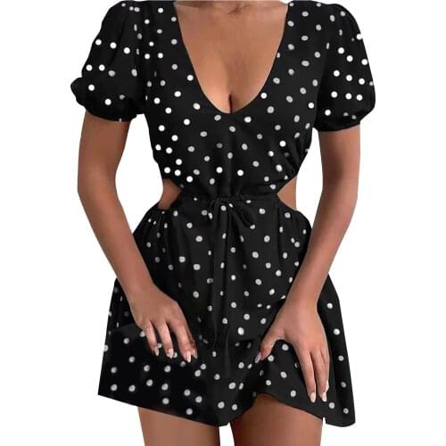 Wedding Party Dress Bohemia Dot Print Cut Out Mini Dresses Ladies Sexy Clubwear Deep V-neck Robes Bandage Short Sleeve Vestidos