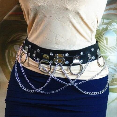 Punk Faux Leather Belt Metal Chain Ring Waist Strap Street Dance Decor Gothic Binding Harness Cummerbunds 906-A391