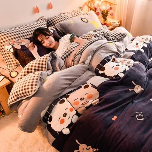 Winter Warm Flannel 3/4pcs Bedding Set Milk Velvet Quilt Duvet Cover Cartoon Thickened Snow Fleece Bed Sheet Pillowcase Sets