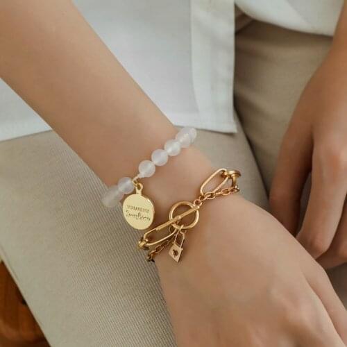 WeSparking Euramerican EMO Jewelry Fashion Metal Exaggerated Circle Chain LOVE Lock Baroque Pearl Pendant Bracelet For Women