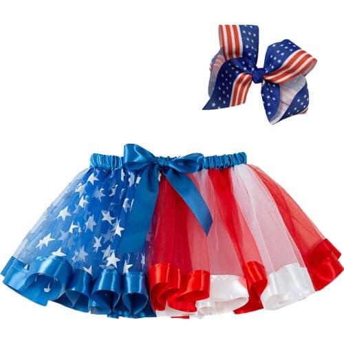 Tutu Skirt Baby Girl Skirts 2-11Y Kids Girls 4th-of-July Stars Dance Ballet Costume Tulle Skirt+Bow Hairpin Set Children Clothes