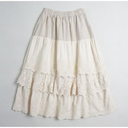 Japan Style Mori Girl Three-layer Embroidery Lace Skirt Spring Cotton Linen A-line Skirt Women