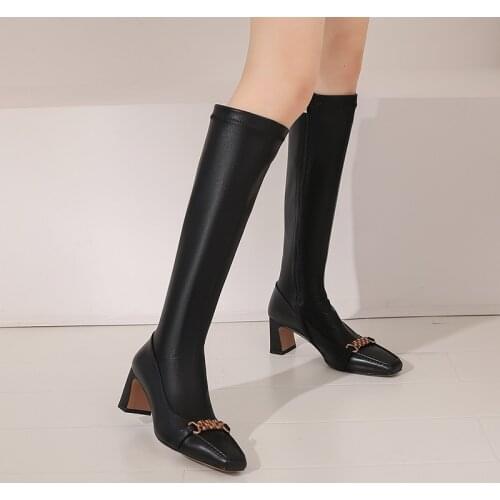 2021 Autumn Womens Loafers Made of Genuine Leather Thick Heels Shoes Woman Fashion Winter Newest Party Slim Long Shoes