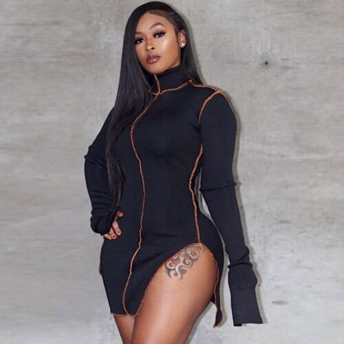 Side Slit Patchwork Women Casual Dresses Long Sleeve Athleisure Fashion 2020 Bodycon Mini Dress Slim Sporty Clothing