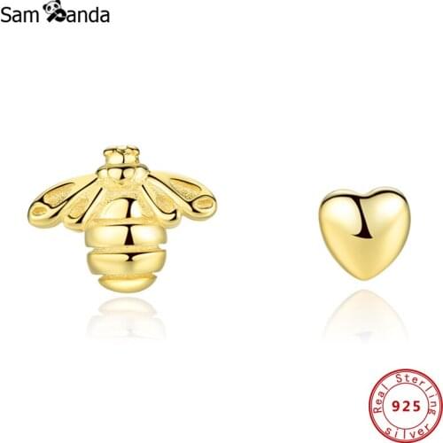 Original 100% 925 Sterling Silver Stud Earrings Heart & Bee Brincos Gold Love Earing 2019 Women Fine Jewelry