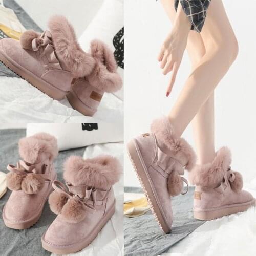 Winter snow boots women flat heels rabbit hair fur plush ankle short botas mujer solid bow-tied ruffle cotton shoes femme korean