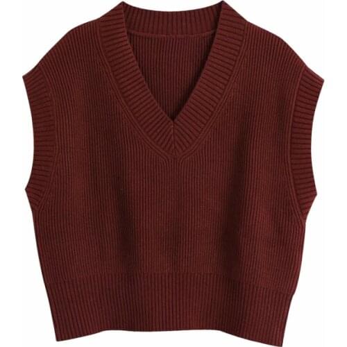 PUWD Vintage Woman Burgundy Loose V Neck Knitted Short Vest 2020 Autumn Oversized Soft Sleeveless Sweaters Female Casual Tops