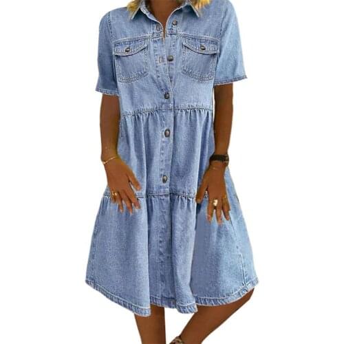 40%HOT Women Short Sleeve Turn Down Collar Pockets Single-breasted A Line Denim Dress
