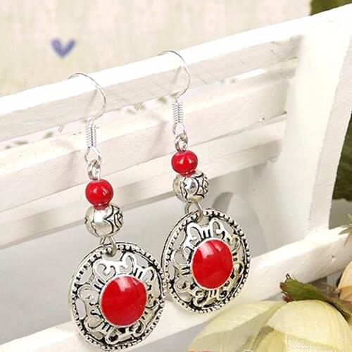 2020 Fashion Jewelry Wholesale Vintage Tibetan Silver Color Multicolor Carving Long Section Round Beads Women Earring Stud