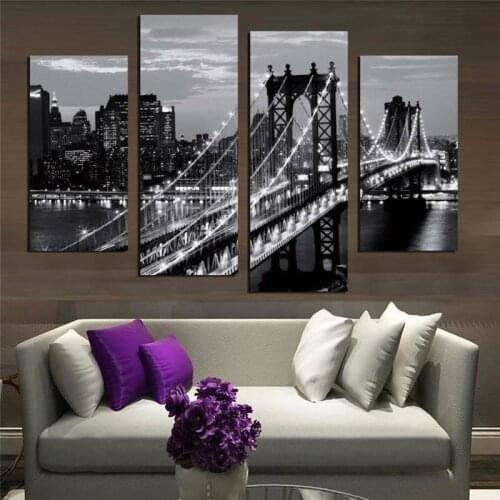 No Framed 4 Pcs Brooklyn Bridge at Night Modern Wall Art Canvas Posters Pictures Paintings Home Decor for Living Room Decoration