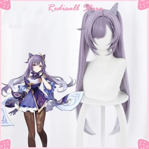 Anime Genshin Impact Keqing Cosplay Wig Purple Long Ponytails Free Ears Horn Pigtail Heat Resistant for Adult Women Men Adult