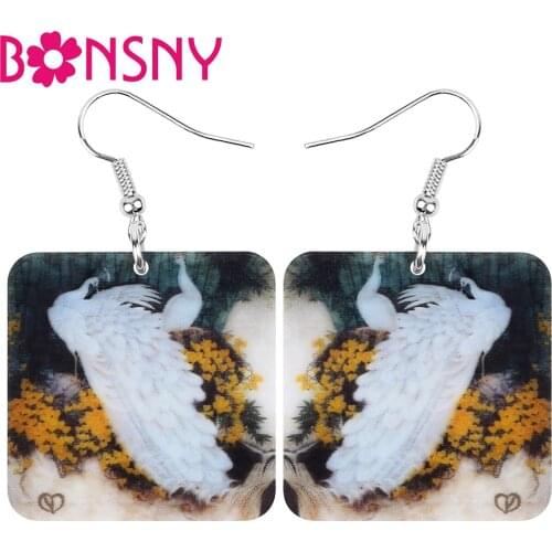 Bonsny Acrylic Square White Peacock Peafowls Bird Earrings Long Print Wild Animal Dangle Drop Jewelry For Women Girl Trendy Gift