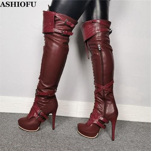 ASHIOFU Handmade Real Photos Women Knee Boots Buckles Straps Deco Sexy Platform Party Boots Turn-over Club Evening Fashion Boots