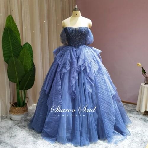 Blue Tulle Ball Gown Quinceanera Dresses of 15 Years 2021 Vestidos Debutante Strapless Beaded Birthday Party Sweet 16 Dress