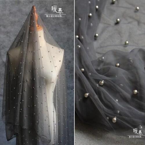 Beaded Lace Tulle Fabric Dark Gray Handwork Pearl DIY Patchwork Clothing Curtain Decor Skirt Wedding Dress Designer Fabric