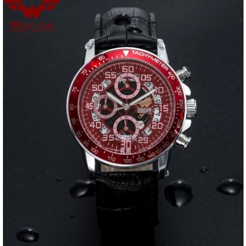 WOLF-CUB Red Sport Clock Men Creative Chronograph Relogio Masculino Mens watches Leather strap Luxury Army Quartz Watch Men Date