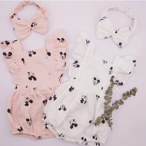Disney Newborn Baby Girls Bodysuit Set Baby Clothes Cartoon Short Sleeve Romper+Headband Summer Fashion Sunsuit Infant Clothing