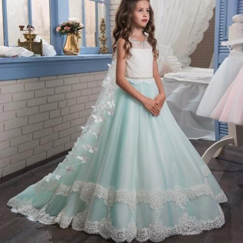Europe New Style Blue Flower Girl Dress Big Children Princess Dress Cute Lace Flower Big Bow-knot O-neck Sleeveless Dress
