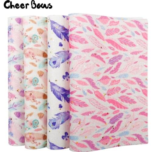 22*30CM Synthetic Leather Fabric Feather Printed Glitter Star Sheet For DIY Gift Handmade Kids Bow Patchwork Crafts Materials