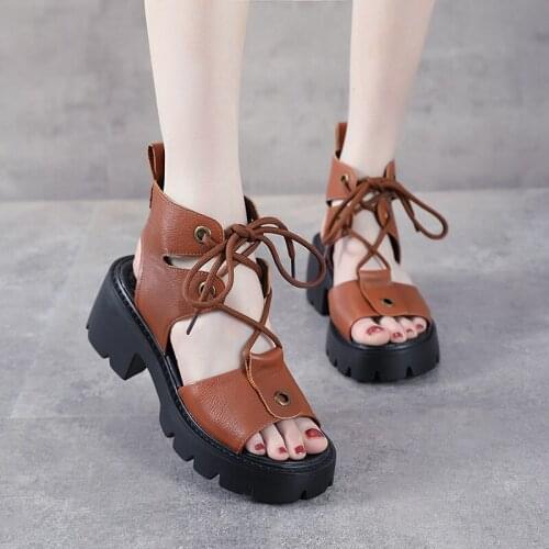 Cowhide Thick Heel Waterproof Platform Roman Shoes Leather Hollow Sandals 2021 Summer New Fish Mouth High-top Women Sandals