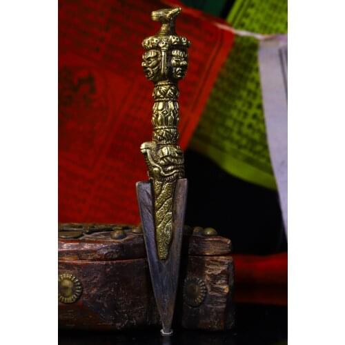 8"Tibet Temple Collection Old Bronze Horse head Three sides Mahakala Skull Dorje Vajra Phurpa Dharma Town House Exorcism