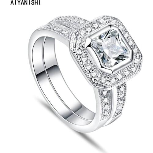 AIYANISHI Real 925 Sterling Silver Princess Cut Wedding Ring Set For Women Engagement Wedding Band Rings Jewelry Party Gifts