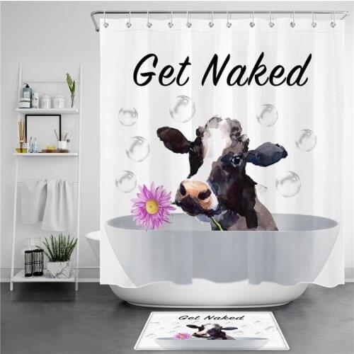 LB Funny Cow Get Naked Shower Curtain Cute Cattle with Pink Diasy in Bathtub Bubble Farm Animal Shower Curtains for Kids