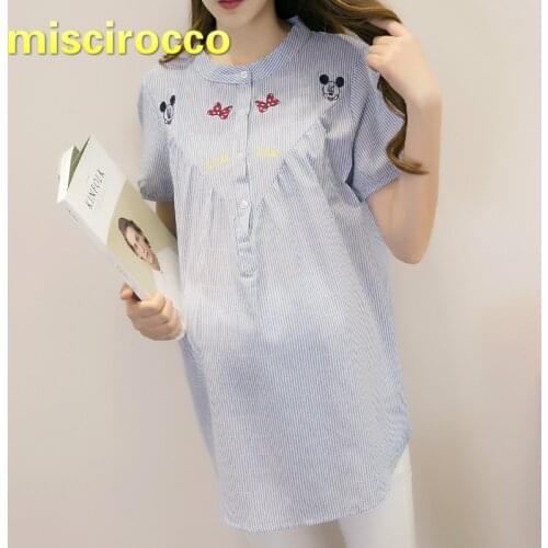 Maternity Clothes Cotton Pregnant Womens Summer Short Sleeves Striped Shirt Big Size Women Long Shirt Pregnant Shirt Tops