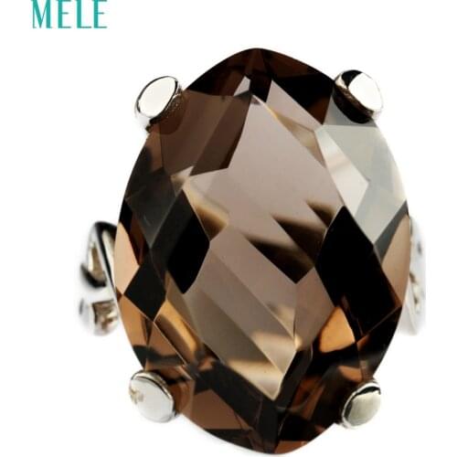 MELE Natural smoky quarts and white crystal silver ring, irregular shape in 25mm*18mm , stone size ,nice cutting and design