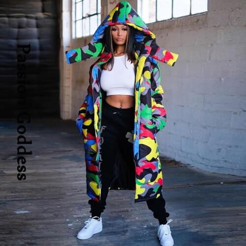 Fashion Women Camouflage Long Puffer Jacket Cool Warm Zipper Long Hooded Down Jacket Winter Long Parkas Down Camo Jackets Male