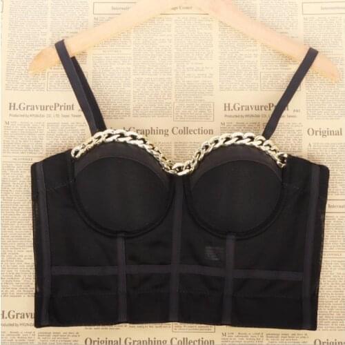 Fashion Sexy patchwork chains beading Mesh Push Up Bralet female Corset Bustier Bra Night Club Party sexy Cropped Top Vest F1748