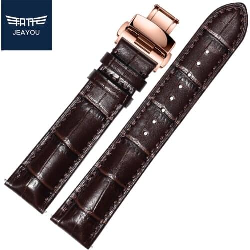 JEAYOU Men Genuine Leather Watch Strap WatchBands For Tissot/Omega/IWC With Rose Gold Deployment Buckle 18mm 19mm 20mm 21mm 22mm