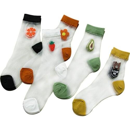 Summer Transparent Socks Women Patchwork Strawberry Avocado Printed Kawaii Cute Japanese Fashion Thin Tube Socks Dropship meias