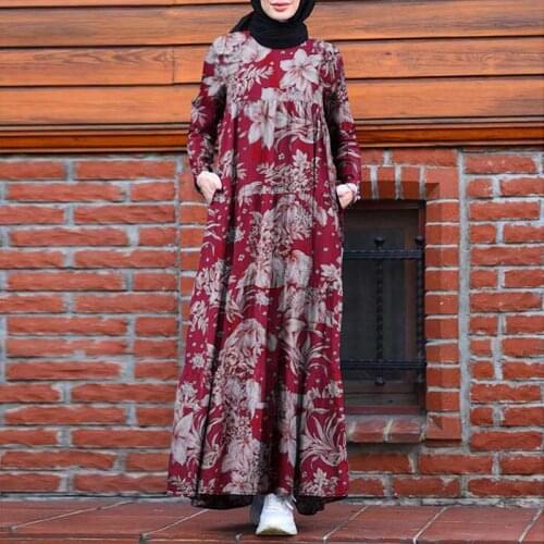 ZANZEA Autumn Long Sleeve Kaftan Muslim Vestido Women Vintage Floral Printed Maxi Sundress Retro Dubai Abaya Turkey Hijab Dress