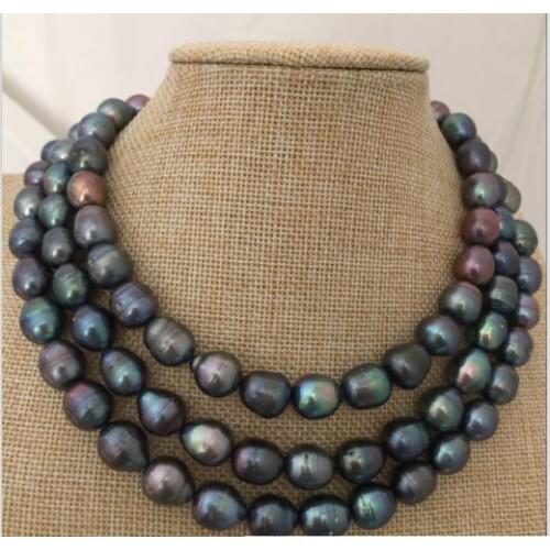 Stunning 12-13mm tahitian black green pearl necklace 38inch 925 silver