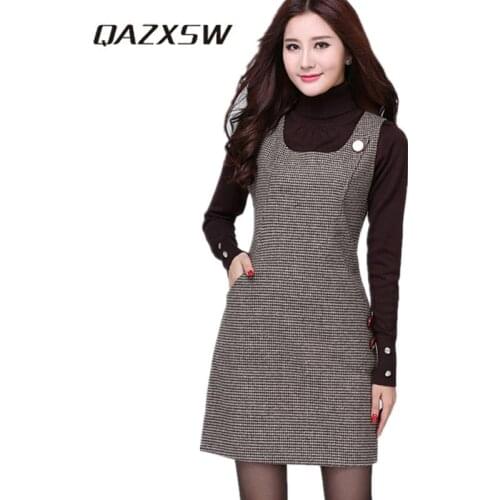 QAZXSW New Women Vest Woolen Dress Thousand Birds Plus Size Dresses With Pocket Sleeveless Vestidos Invierno Mujer 2019 LP0011