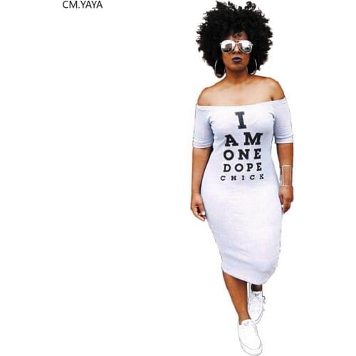 CM.YAYA Women Letter Print Off Shoulder Slash Neck Midi Dress Classic Fashion Sport Pencil Dresses